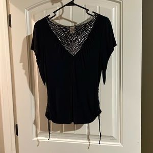 Danish O by Isabell Kristensen black sequin ruched going out blouse top shirt